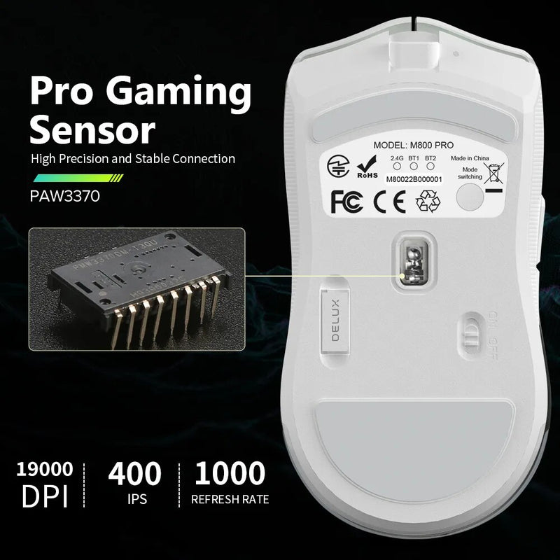 DELUX-M800 PRO PAW3370 Mouse para jogos sem fio, programável, ergonômico, tipo C, recarregável, Windows, Mac, com fio, branco