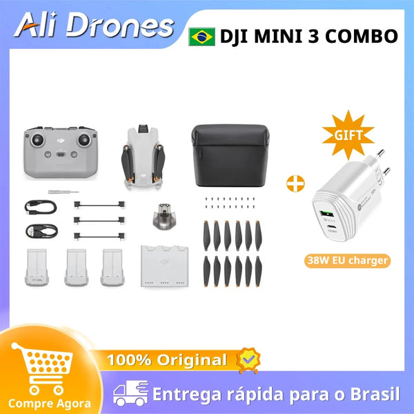 DJI-Mini 3 Fly Mais Combo Drone, Sob 249g, Transmissão 10km, 38 min, Tempo Máximo de Voo, 4K, Vídeo HDR, Brand, Novo, Em Stock