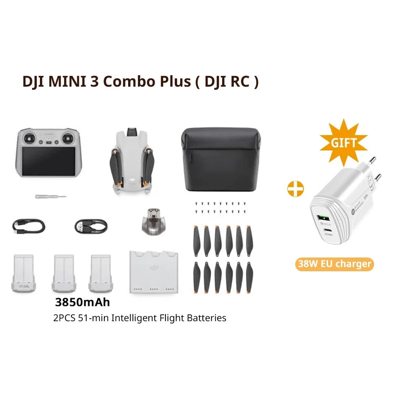 DJI-Mini 3 Fly Mais Combo Drone, Sob 249g, Transmissão 10km, 38 min, Tempo Máximo de Voo, 4K, Vídeo HDR, Brand, Novo, Em Stock