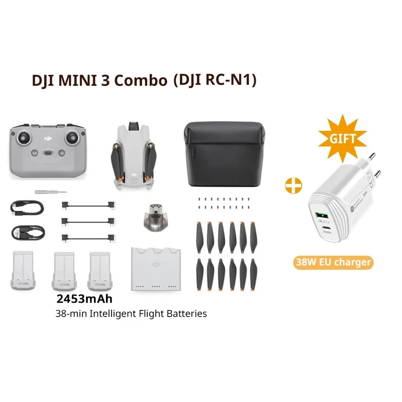 DJI-Mini 3 Fly Mais Combo Drone, Sob 249g, Transmissão 10km, 38 min, Tempo Máximo de Voo, 4K, Vídeo HDR, Brand, Novo, Em Stock