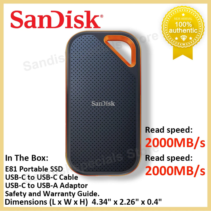 Disco Rígido Portátil para Computador Portátil, Mac, 4TB, 2TB, 1TB, 500 GB, SanDisk-SSD Externo E81, E61, E30, USB 3.2 Tipo C, 480 GB