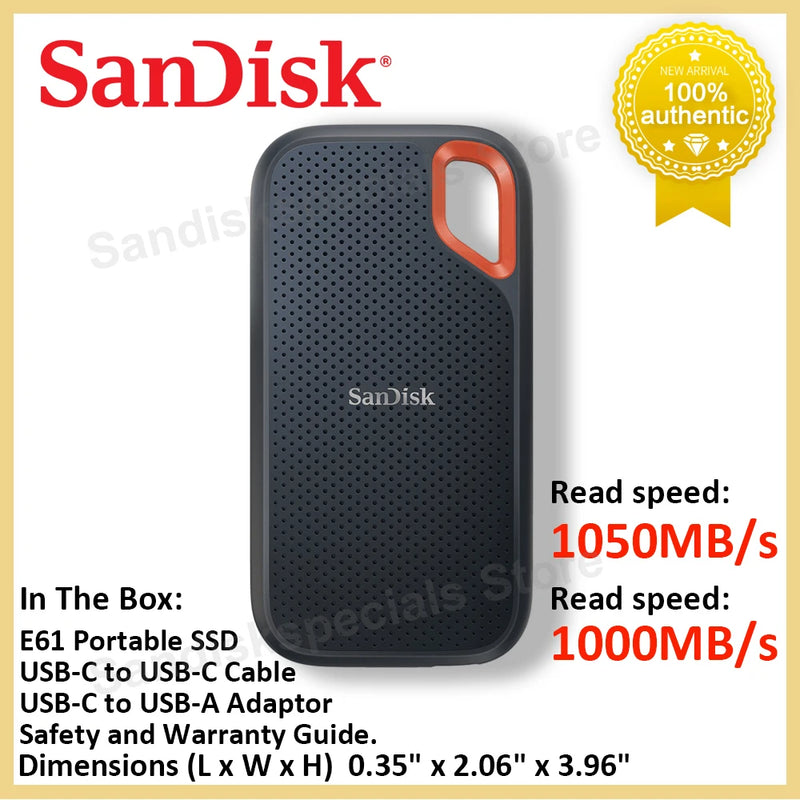 Disco Rígido Portátil para Computador Portátil, Mac, 4TB, 2TB, 1TB, 500 GB, SanDisk-SSD Externo E81, E61, E30, USB 3.2 Tipo C, 480 GB
