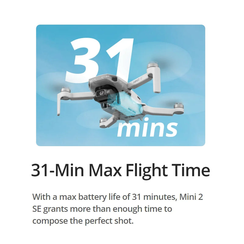 Dji Mini 2 SE Fly Mais Drone Combo, 2.7k, 30fps, Transmissão de vídeo 10km, Tempo máximo de voo 31 min, 38 km, Resistência ao vento