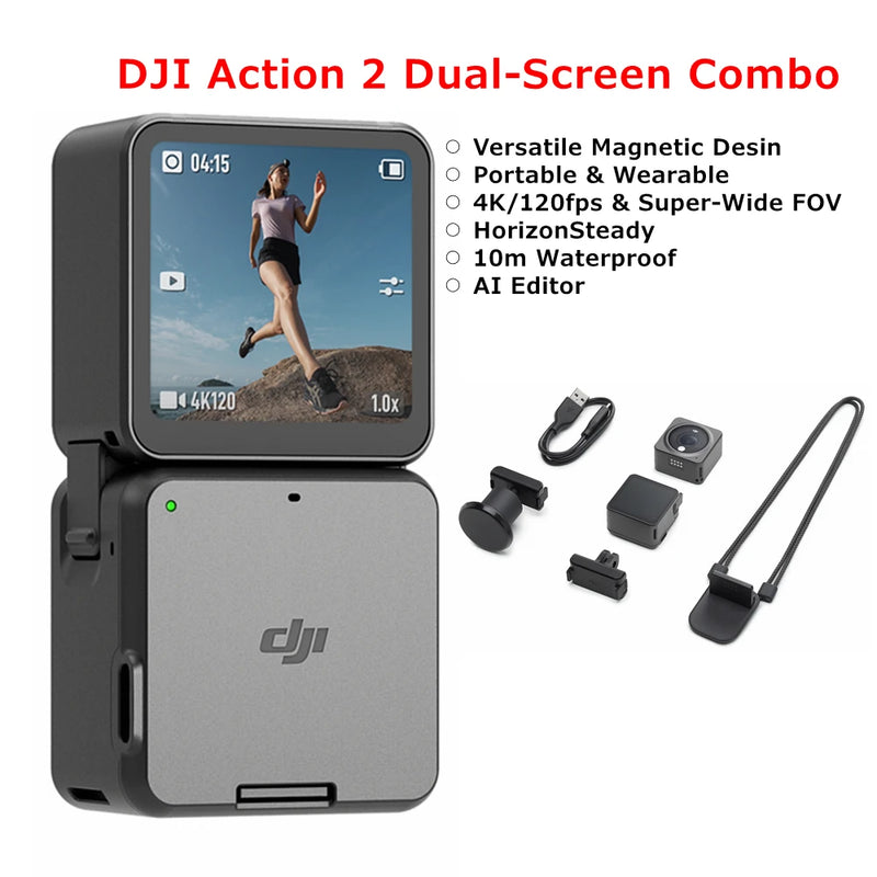Dji original ação 2 power combo de tela dupla combo esportes câmera 4k 120fps 155 ° super wide fov design magnético impermeável mini