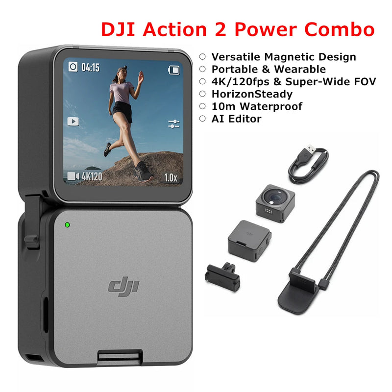 Dji original ação 2 power combo de tela dupla combo esportes câmera 4k 120fps 155 ° super wide fov design magnético impermeável mini