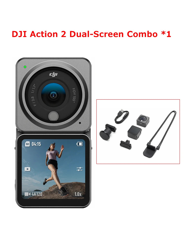 Dji original ação 2 power combo de tela dupla combo esportes câmera 4k 120fps 155 ° super wide fov design magnético impermeável mini