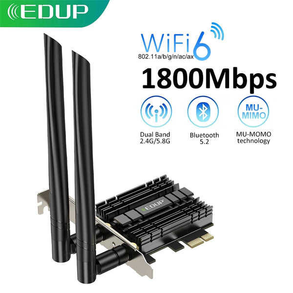 EDUP 1800Mbps WiFi 6 PCIe WiFi Adaptador Bluetooth 2.4G/5GHz Placa de rede PCIe 802.11AX/AC MU-MIMO PCIe Adaptador para Desktop AMD