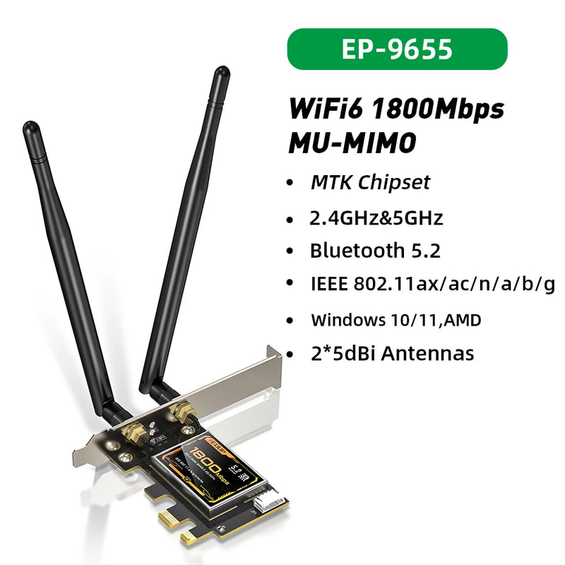 EDUP 1800Mbps WiFi 6 PCIe WiFi Adaptador Bluetooth 2.4G/5GHz Placa de rede PCIe 802.11AX/AC MU-MIMO PCIe Adaptador para Desktop AMD