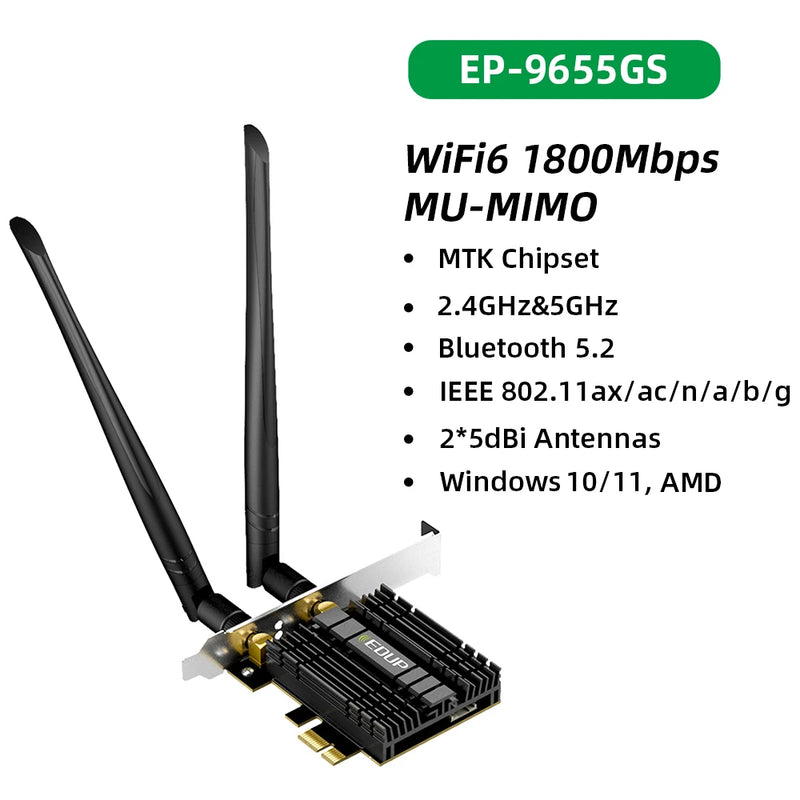 EDUP 1800Mbps WiFi 6 PCIe WiFi Adaptador Bluetooth 2.4G/5GHz Placa de rede PCIe 802.11AX/AC MU-MIMO PCIe Adaptador para Desktop AMD