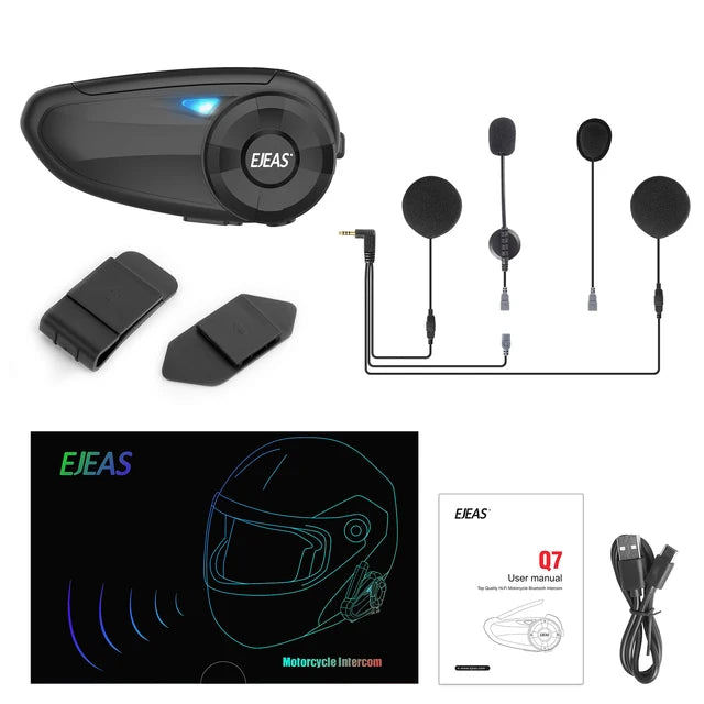 EJEAS-Q7 Capacete de Motocicleta Intercomunicador, Bluetooth Headset, Par Rápido, Até 7 Cavaleiros, Comunicador, IP65, FM, UE, Bluetooth Opcional