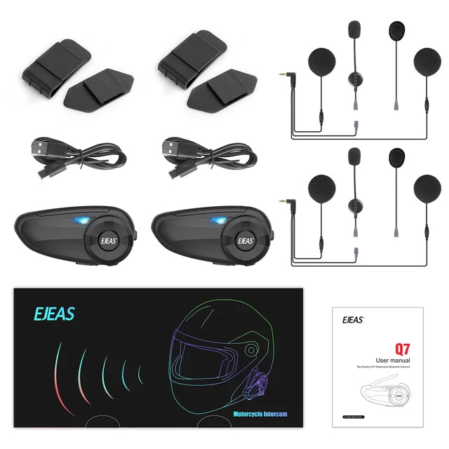 EJEAS-Q7 Capacete de Motocicleta Intercomunicador, Bluetooth Headset, Par Rápido, Até 7 Cavaleiros, Comunicador, IP65, FM, UE, Bluetooth Opcional