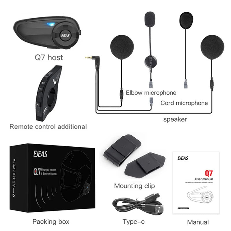 EJEAS-Q7 Capacete de Motocicleta Intercomunicador, Bluetooth Headset, Par Rápido, Até 7 Cavaleiros, Comunicador, IP65, FM, UE, Bluetooth Opcional