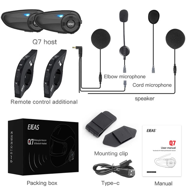 EJEAS-Q7 Capacete de Motocicleta Intercomunicador, Bluetooth Headset, Par Rápido, Até 7 Cavaleiros, Comunicador, IP65, FM, UE, Bluetooth Opcional