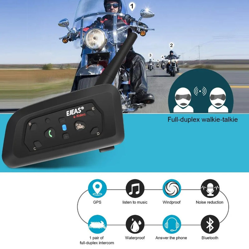 Ejeas V6 Pro Intercomunicador de Capacete de Motocicleta, Interfone Comunicador Bluetooth, Impermeável, Fone de Ouvido BT, 1.200 m, 6 Pilotos