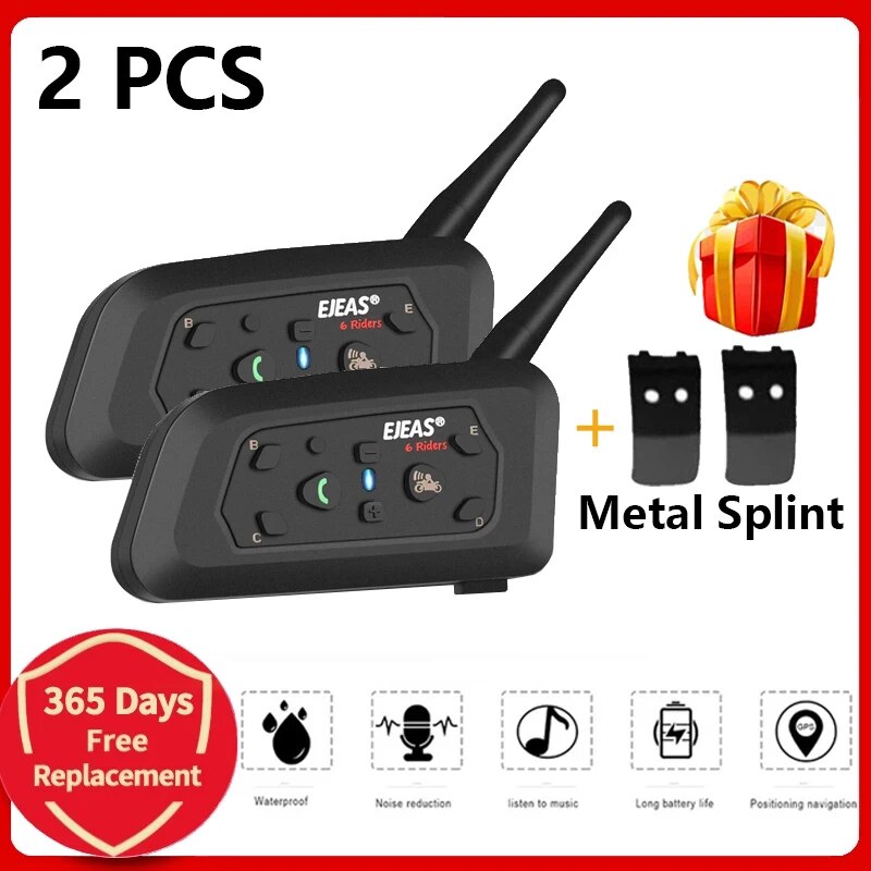 Ejeas V6 Pro Intercomunicador de Capacete de Motocicleta, Interfone Comunicador Bluetooth, Impermeável, Fone de Ouvido BT, 1.200 m, 6 Pilotos