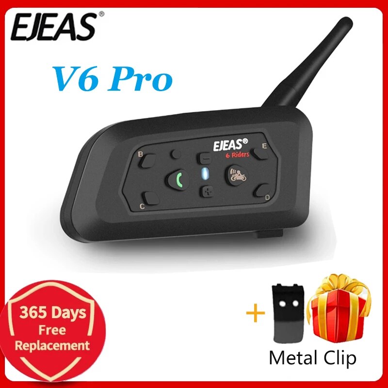 Ejeas V6 Pro Intercomunicador de Capacete de Motocicleta, Interfone Comunicador Bluetooth, Impermeável, Fone de Ouvido BT, 1.200 m, 6 Pilotos