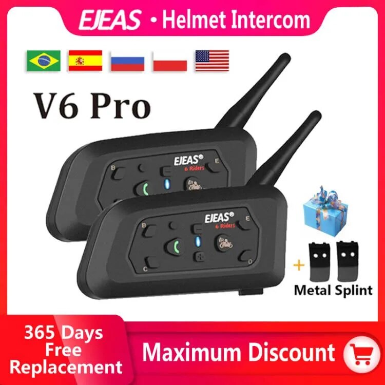 Ejeas V6 Pro Intercomunicador de Capacete de Motocicleta, Interfone Comunicador Bluetooth, Impermeável, Fone de Ouvido BT, 1.200 m, 6 Pilotos