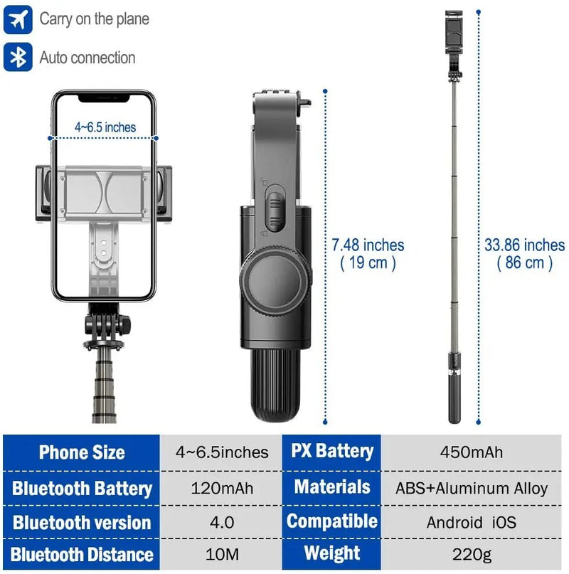 Estabilizador Cardan Handheld para Telefone Móvel, L08 Bluetooth, Selfie Stick Holder, Suporte Ajustável para iPhone, Huawei, Xiaomi