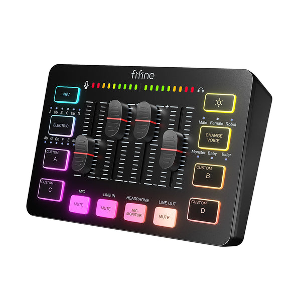 FIFINE-Gaming Placa de som com 4 canais RGB Mute, Voz Alterar Buttom,Streaming Mixer de áudio, Mic XLR, Podcast, Game-SC3
