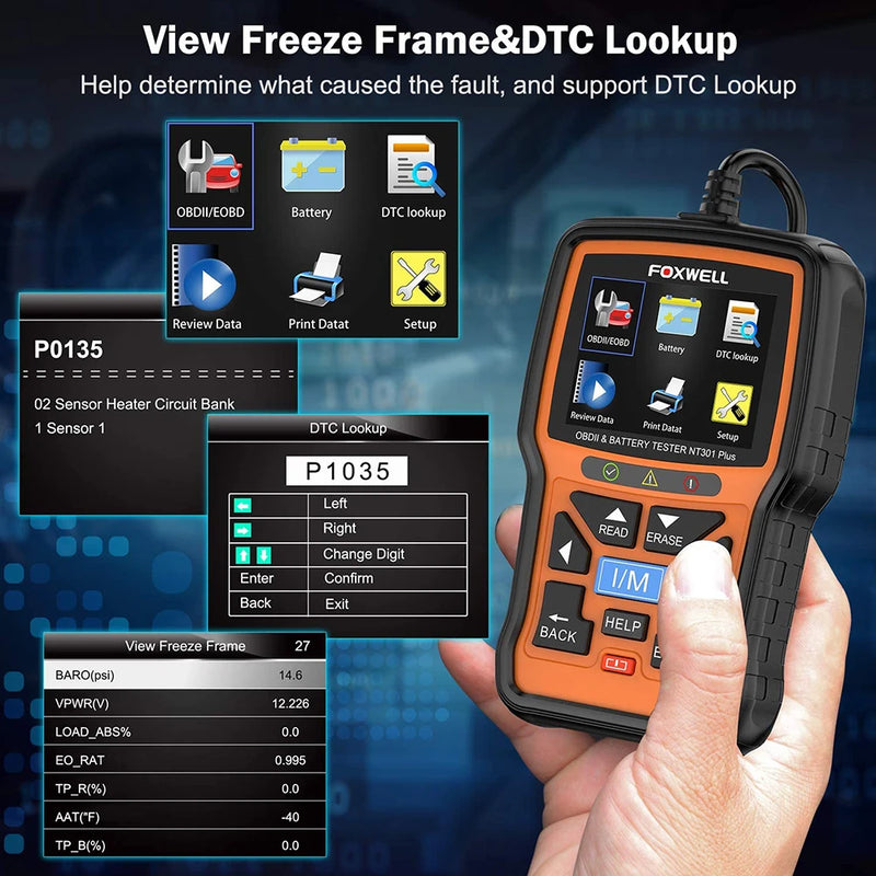 FOXWELL-NT301 Plus Automotive Scanner Tool, 12V, Battery Tester, OBDII, EOBD, Live Data, Code Reader, Car Diagnostic Scan