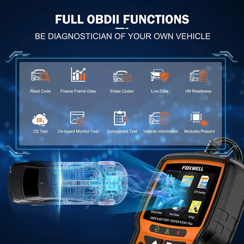 FOXWELL-NT301 Plus Automotive Scanner Tool, 12V, Battery Tester, OBDII, EOBD, Live Data, Code Reader, Car Diagnostic Scan