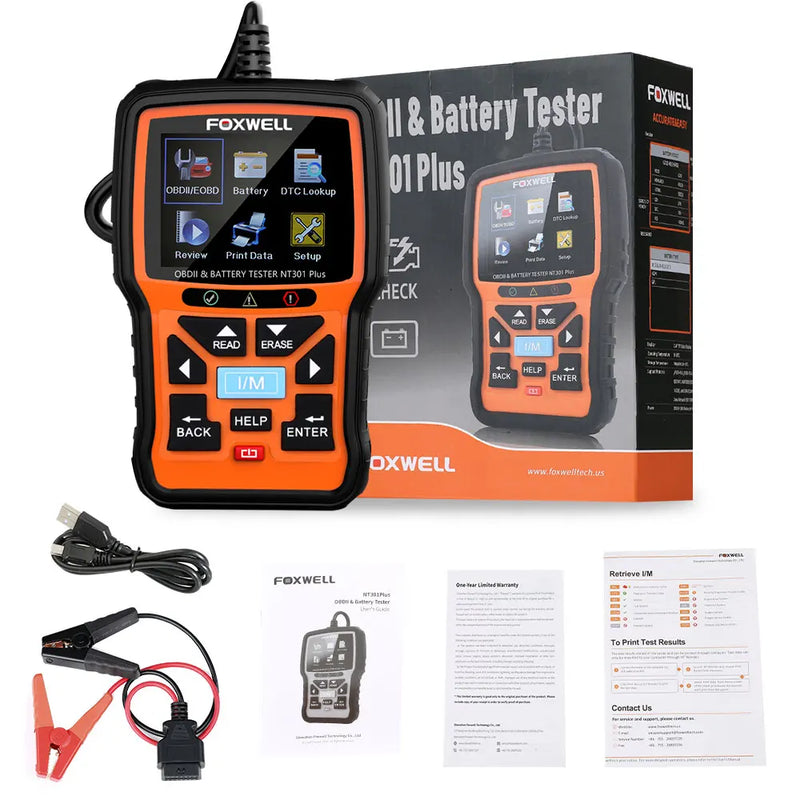 FOXWELL-NT301 Plus Automotive Scanner Tool, 12V, Battery Tester, OBDII, EOBD, Live Data, Code Reader, Car Diagnostic Scan