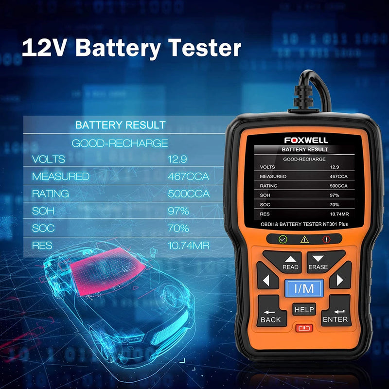 FOXWELL-NT301 Plus Automotive Scanner Tool, 12V, Battery Tester, OBDII, EOBD, Live Data, Code Reader, Car Diagnostic Scan