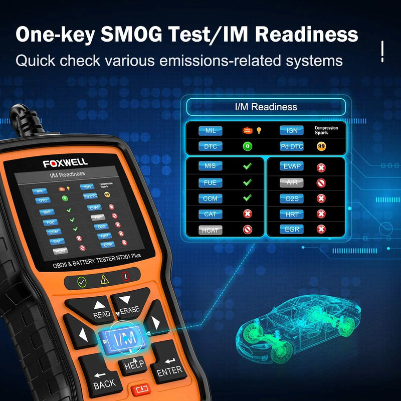 FOXWELL-NT301 Plus Automotive Scanner Tool, 12V, Battery Tester, OBDII, EOBD, Live Data, Code Reader, Car Diagnostic Scan
