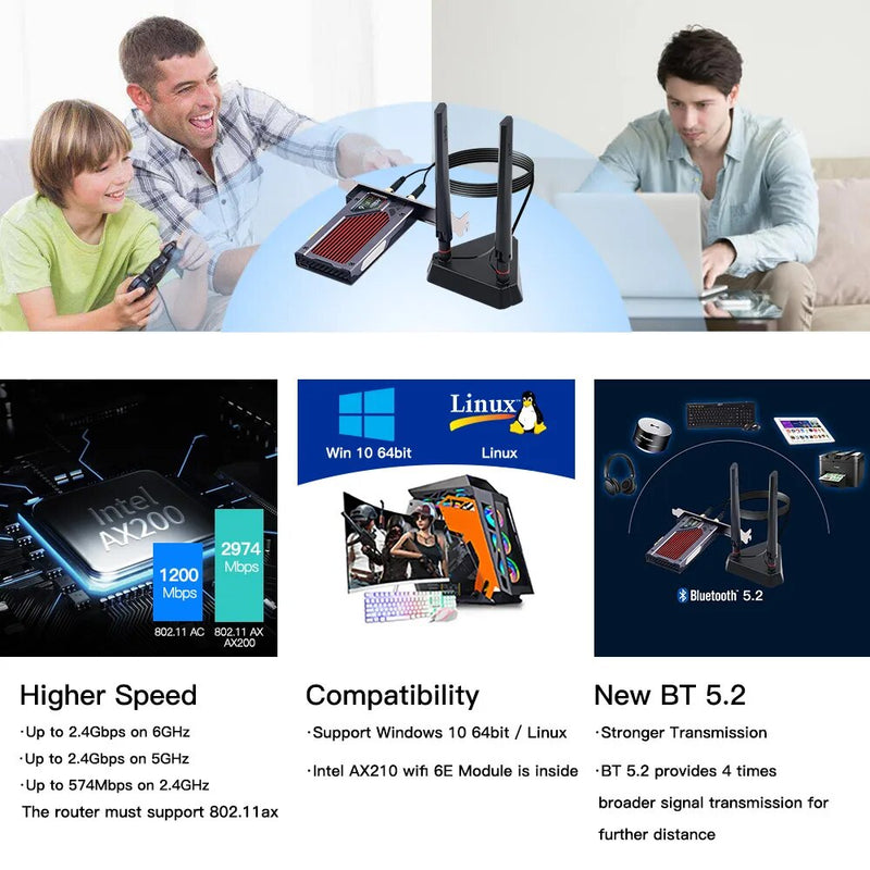 Fenvi Wifi 6e Intel AX210 PCIe Adaptador Sem Fio Bluetooth 5.3 AX210NGW Placa de Rede Wi-Fi 2.4G/5G/6GHz RGB 802.11ax Windows 10