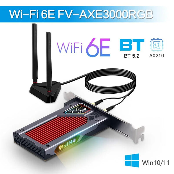 Fenvi Wifi 6e Intel AX210 PCIe Adaptador Sem Fio Bluetooth 5.3 AX210NGW Placa de Rede Wi-Fi 2.4G/5G/6GHz RGB 802.11ax Windows 10