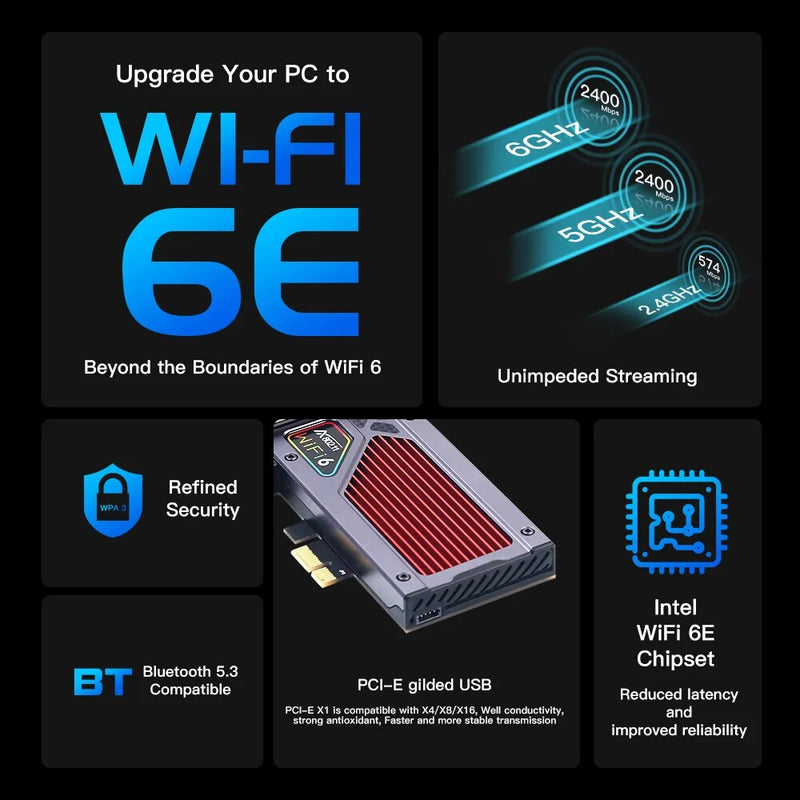 Fenvi Wifi 6e Intel AX210 PCIe Adaptador Sem Fio Bluetooth 5.3 AX210NGW Placa de Rede Wi-Fi 2.4G/5G/6GHz RGB 802.11ax Windows 10