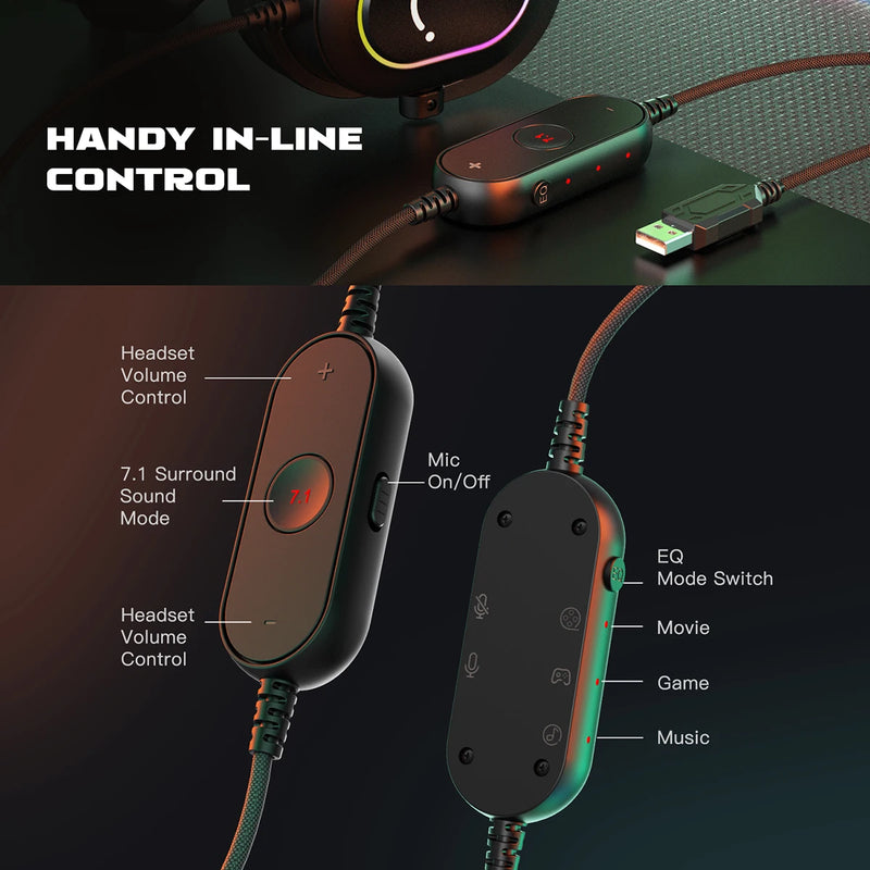 Fifine-Auscultadores Dinâmicos RGB para Jogos com Microfone, Auscultadores Over-Ear, Som Surround 7.1, PC, PS4, PS5, 3 Opções de EQ, Jogo, Filme, Música