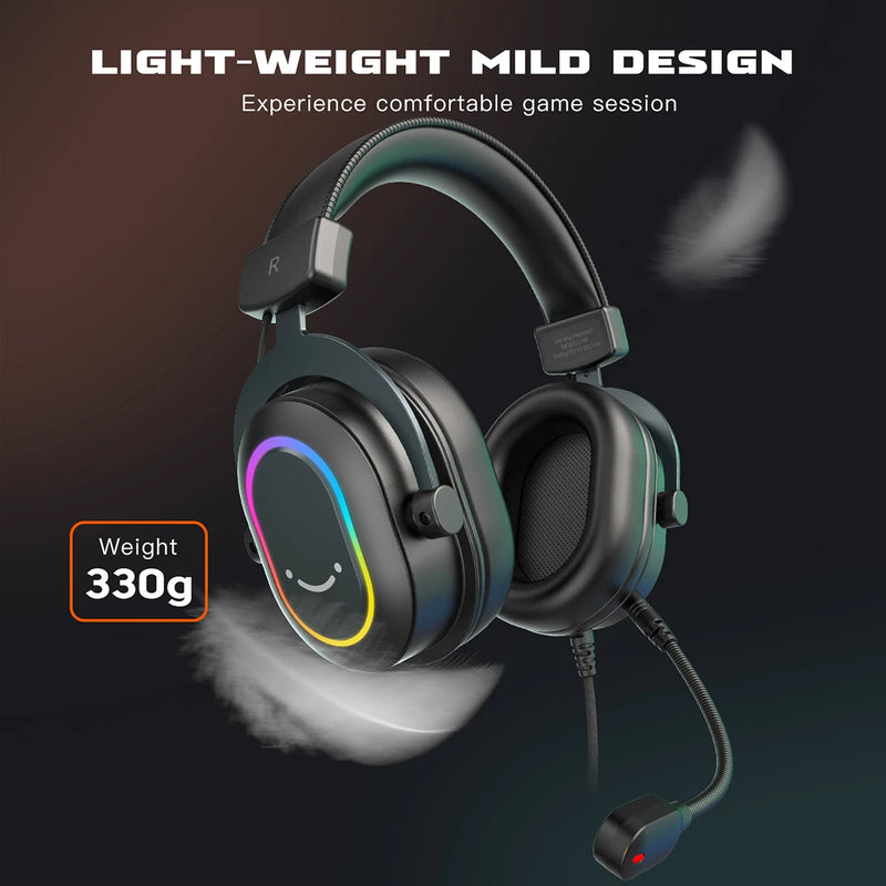 Fifine-Auscultadores Dinâmicos RGB para Jogos com Microfone, Auscultadores Over-Ear, Som Surround 7.1, PC, PS4, PS5, 3 Opções de EQ, Jogo, Filme, Música