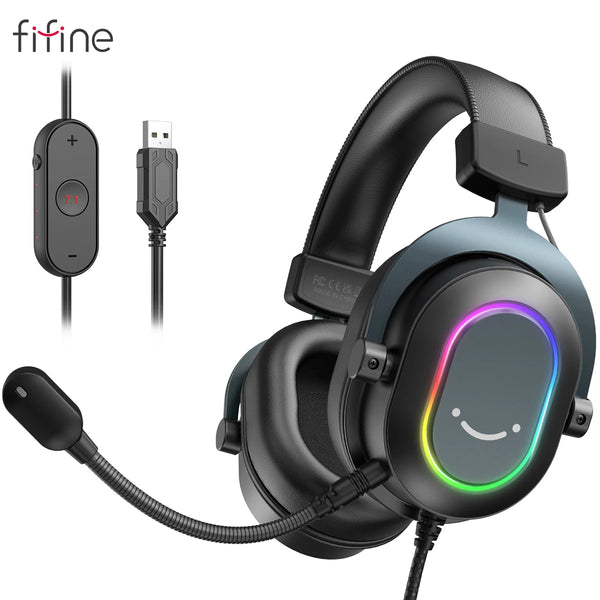 Fifine-Auscultadores Dinâmicos RGB para Jogos com Microfone, Auscultadores Over-Ear, Som Surround 7.1, PC, PS4, PS5, 3 Opções de EQ, Jogo, Filme, Música