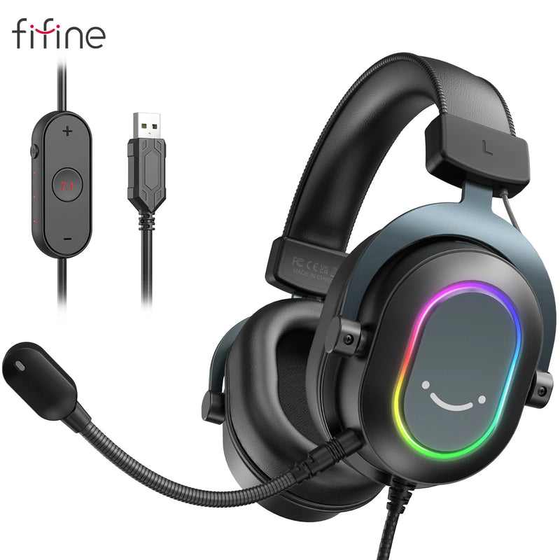 Fifine-Auscultadores Dinâmicos RGB para Jogos com Microfone, Auscultadores Over-Ear, Som Surround 7.1, PC, PS4, PS5, 3 Opções de EQ, Jogo, Filme, Música