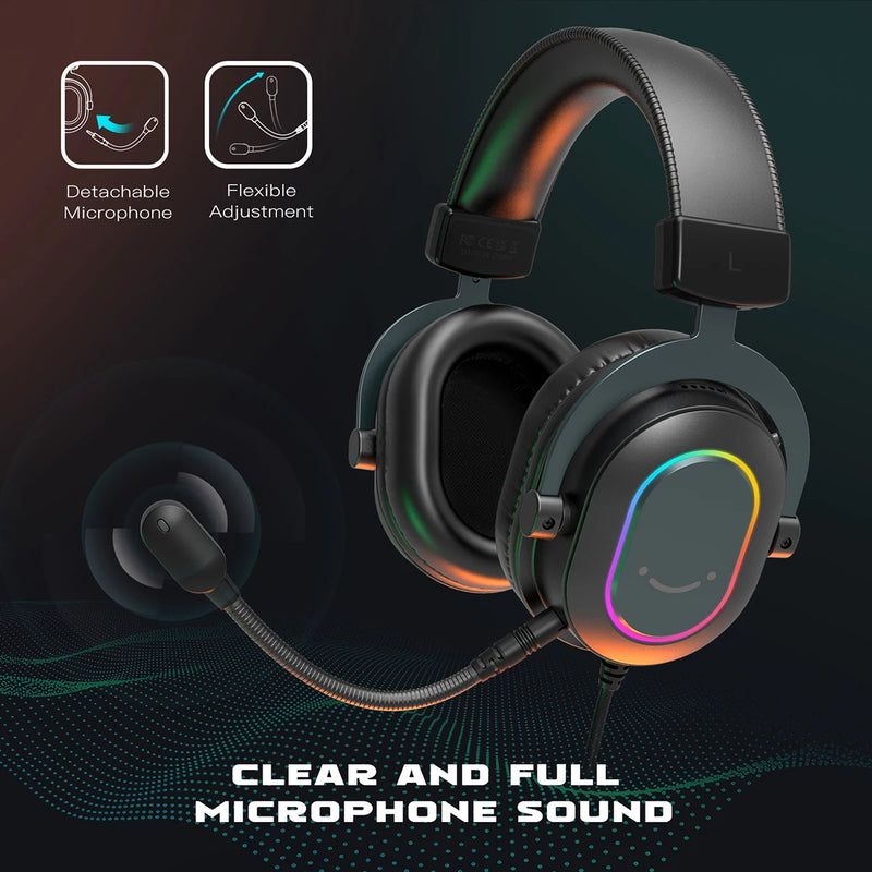 Fifine-Auscultadores Dinâmicos RGB para Jogos com Microfone, Auscultadores Over-Ear, Som Surround 7.1, PC, PS4, PS5, 3 Opções de EQ, Jogo, Filme, Música