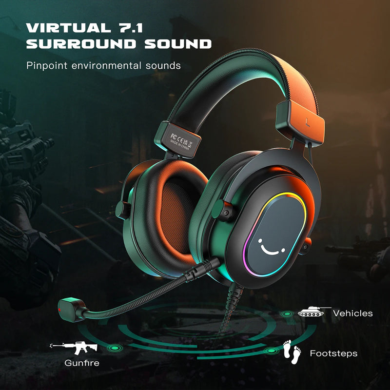 Fifine-Auscultadores Dinâmicos RGB para Jogos com Microfone, Auscultadores Over-Ear, Som Surround 7.1, PC, PS4, PS5, 3 Opções de EQ, Jogo, Filme, Música