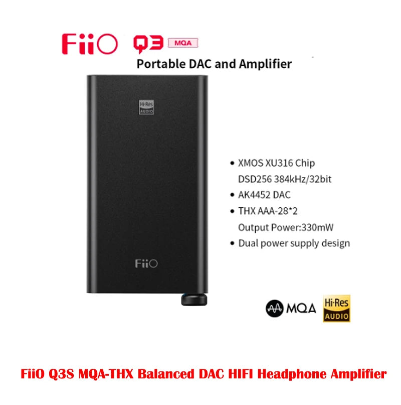 FiiO-Amplificador de Auscultadores DAC Equilibrado, Q3MQA, MQA-THX, DSD256, 384kHz, 32bit, AK4452, 2,5, 3,5, 4,4mm Saída