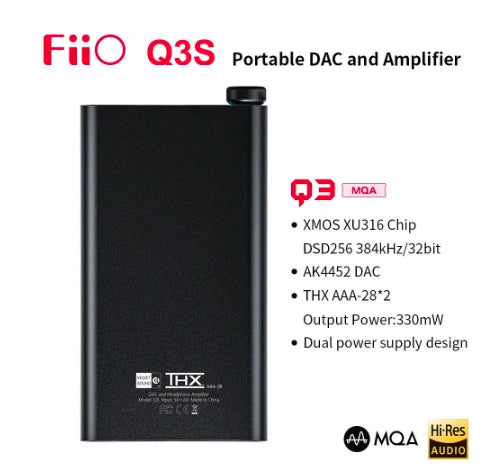 FiiO-Amplificador de Auscultadores DAC Equilibrado, Q3MQA, MQA-THX, DSD256, 384kHz, 32bit, AK4452, 2,5, 3,5, 4,4mm Saída