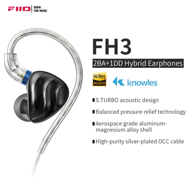 FiiO-FH3 Fone de ouvido dinâmico, 2BA + 1DD Knowles, IEM S.TURBO, chapeado com berílio, driver híbrido, design acústico, liga Shell, MMCX