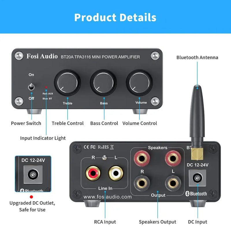 Foci Audio-Bluetooth Amplificador de Potência de Som, 100W Mini HiFi Stereo, Amplificador Classe D, Bass, Treble para Home Theater, TPA3116D2, BT20A