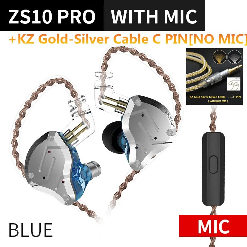 Fones de ouvido de metal híbrido kz zs10 pro, 4ba 1dd, alta fidelidade para graves, monitor esportivo, cancelamento de ruído, zsx, zax, z3