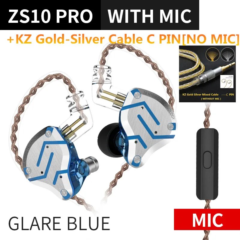 Fones de ouvido de metal híbrido kz zs10 pro, 4ba 1dd, alta fidelidade para graves, monitor esportivo, cancelamento de ruído, zsx, zax, z3