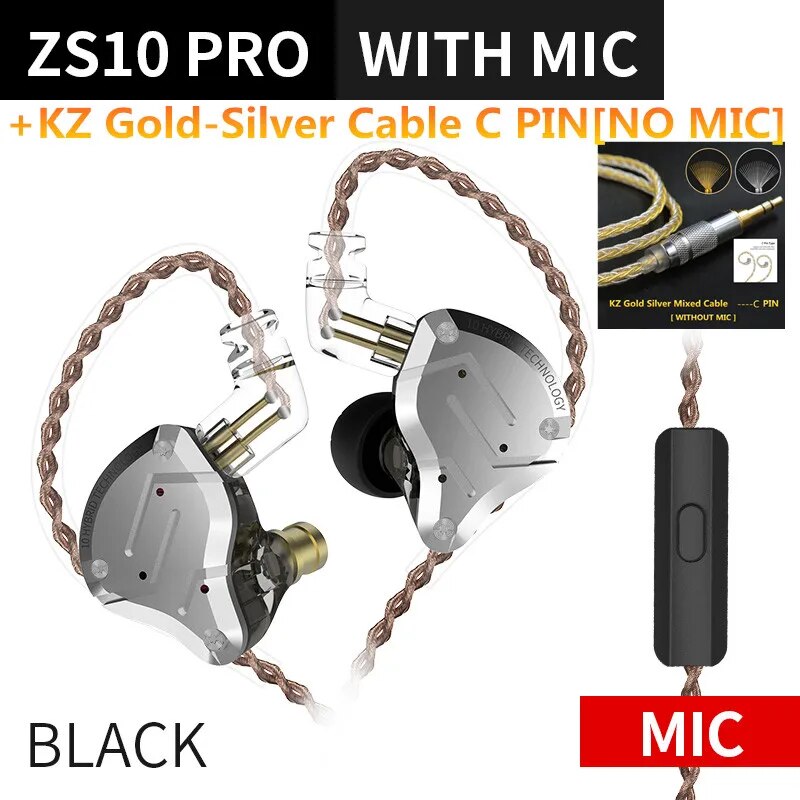 Fones de ouvido de metal híbrido kz zs10 pro, 4ba 1dd, alta fidelidade para graves, monitor esportivo, cancelamento de ruído, zsx, zax, z3