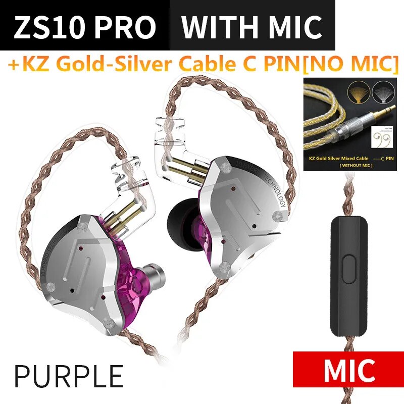 Fones de ouvido de metal híbrido kz zs10 pro, 4ba 1dd, alta fidelidade para graves, monitor esportivo, cancelamento de ruído, zsx, zax, z3