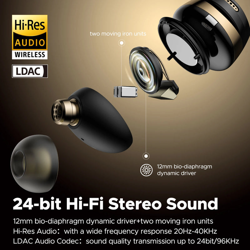 Fones de ouvido sem fio com som estéreo, alta resolução, fones de ouvido Bluetooth V5.3, ENC Dual Mics, áudio Hi-Fi, LDAC, ANC, Bluetooth V5.3
