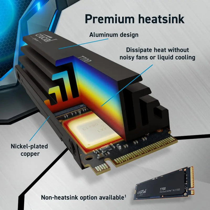 Fotografia para jogos com armazenamento direto Crucial, Design de edição de vídeo, 1TB, 2TB, 4TB, Gen5 NVMe M.2 SSD Até 12.400 mbps, T700