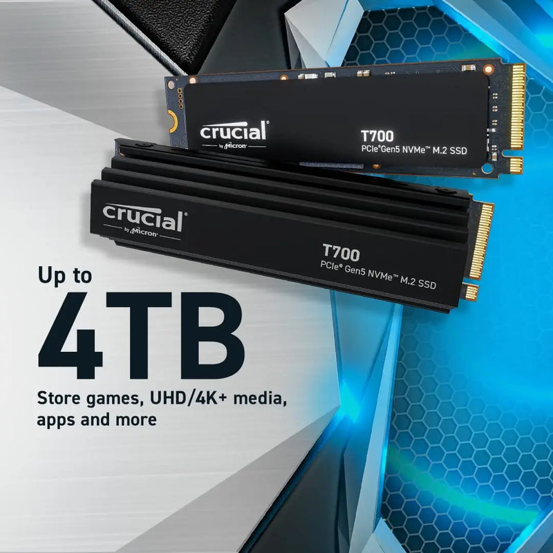 Fotografia para jogos com armazenamento direto Crucial, Design de edição de vídeo, 1TB, 2TB, 4TB, Gen5 NVMe M.2 SSD Até 12.400 mbps, T700