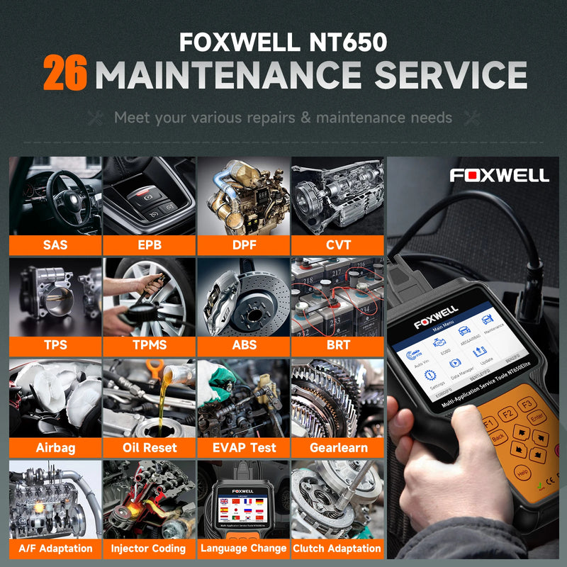 Foxwell-NT650 Elite OBD2 Ferramenta de Diagnóstico Do Carro, ABS SRS Code Reader, SAS BRT EPB Oil, 26 Reset, profissional OBD2 Scanner Automotivo