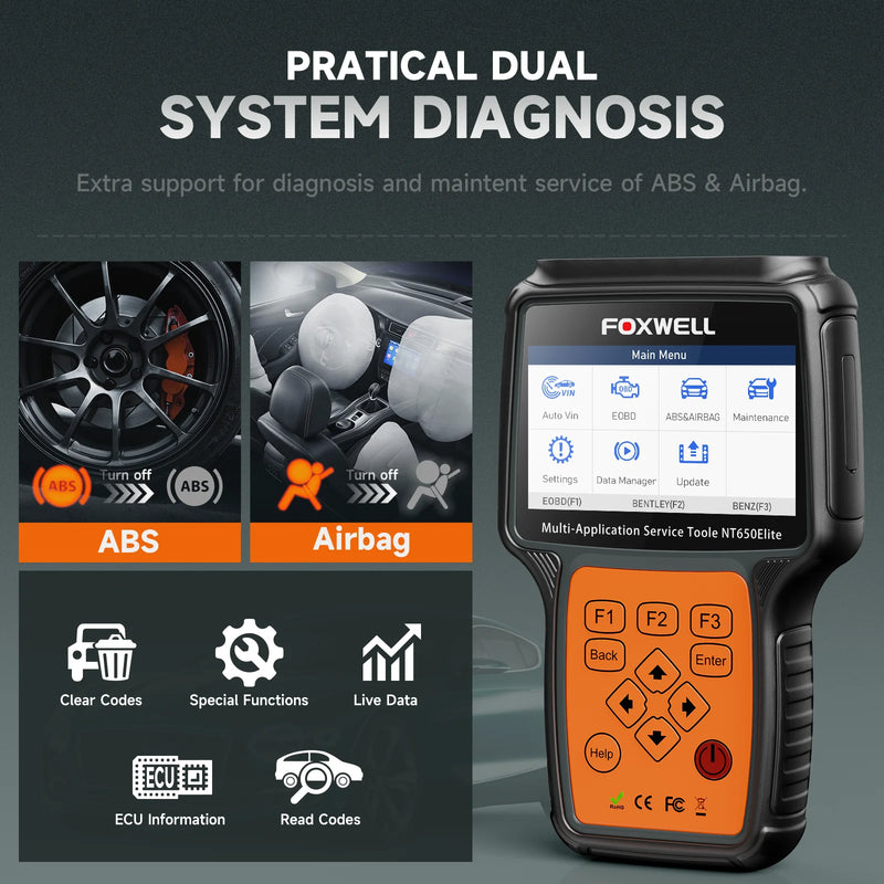 Foxwell-NT650 Elite OBD2 Ferramenta de Diagnóstico Do Carro, ABS SRS Code Reader, SAS BRT EPB Oil, 26 Reset, profissional OBD2 Scanner Automotivo